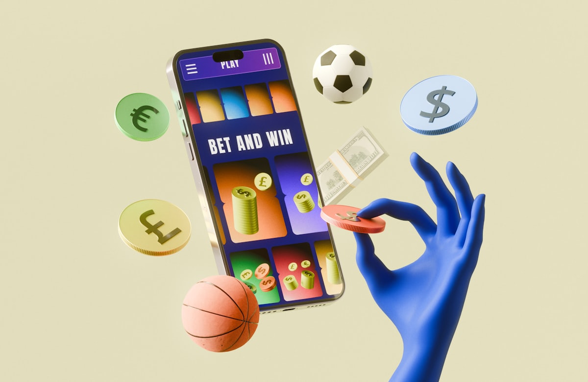 Application de paris sportifs sur smartphone entourée de jetons et de billets, signes d'une addiction aux jeux d'argent